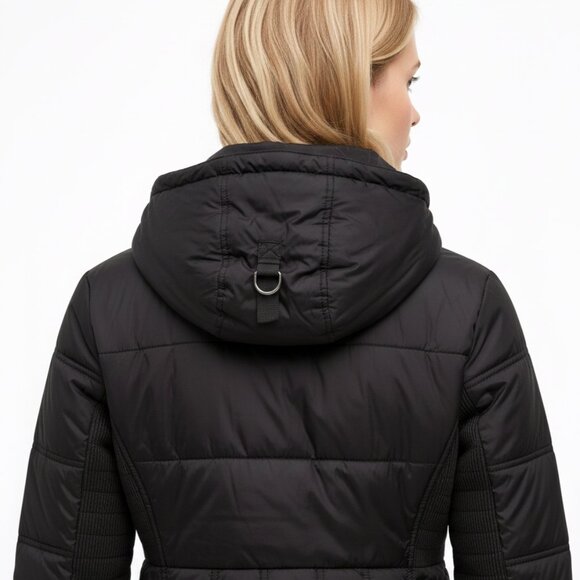 FRENCH CONNECTION Black Hooded Puffer Jacket Parka Women Sz(M) Asym.Quilted Coat - Picture 6 of 8